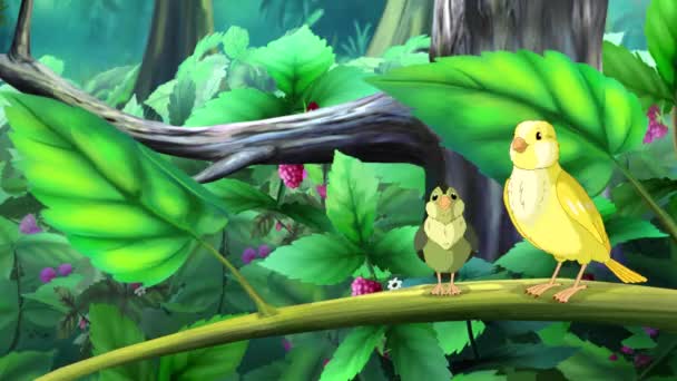 Yellow Canary Her Chick Forest Handmade Animated Looped Footage — Stockvideo