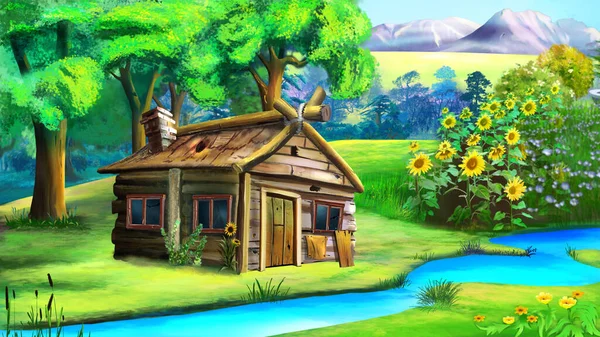 Old Wooden House River Digital Painting Background Illustration — Stockfoto