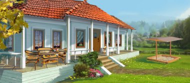 Country house with a veranda on a sunny day. Digital Painting Background, Illustration.