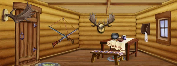 Wooden Hunting Lodge Interior Retro Style Digital Painting Background Illustration — 图库照片