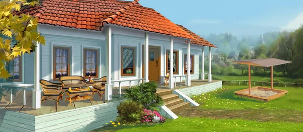 Country House Veranda Sunny Day Digital Painting Background Illustration — Stock Photo, Image