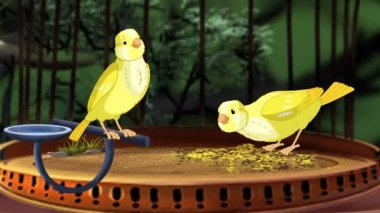 Domestic Yellow canary in a cage. Handmade animated looped 4K footage 