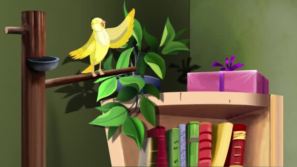 Domácí Žlutý Kanárek Zpívající Místnosti Ručně Vyrobený Animovaný Smyčkový Záznam — Stock video