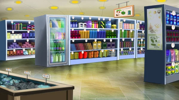 Inside a large supermarket store. Digital Painting Background, Illustration.