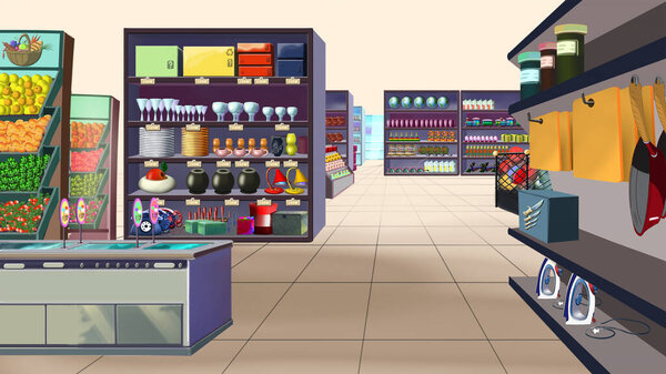 Inside a large supermarket store. Digital Painting Background, Illustration.