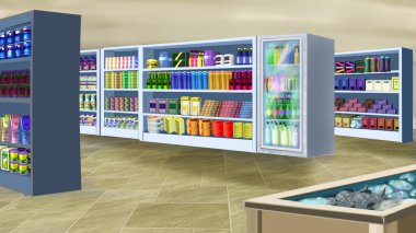 Inside a large supermarket store. Digital Painting Background, Illustration.