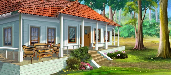 Country House Veranda Sunny Day Digital Painting Background Illustration — ストック写真