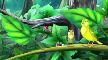 Green canary and her chick in the forest. Handmade animated looped 4K footage