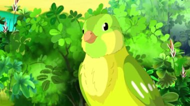 Green canary singing close up. Handmade animated looped 4K footage 