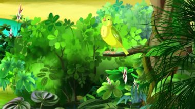 Green canary twittering on a tree. Handmade animated looped 4K footage 