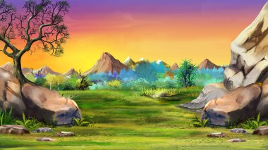 Mountain landscape at dawn. Digital Painting Background, Illustration.