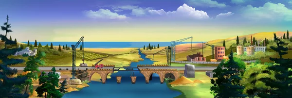 Construction Arched Bridge River Digital Painting Background Illustration — 图库照片