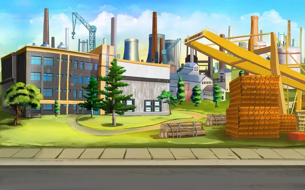 Industrial area outside the city. Digital Painting Background, Illustration.