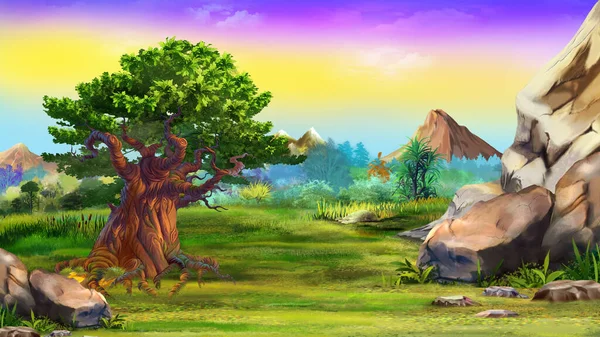 Landscape Trees Mountains Digital Painting Background Illustration — Stock Fotó