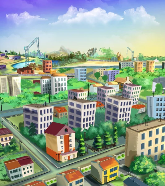 New Buildings City Sunny Day Digital Painting Background Illustration — 스톡 사진