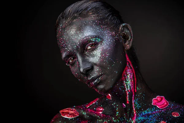 Mystical Woman Makeup Sparkles Luminous Elements Dark Background — Stock Photo, Image