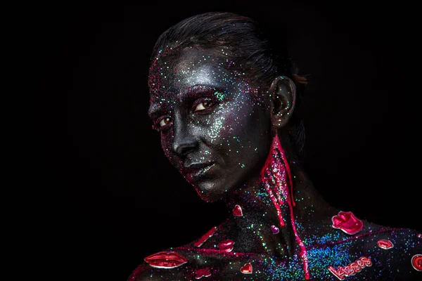 Mystical Woman Makeup Sparkles Luminous Elements Dark Background — Stock fotografie