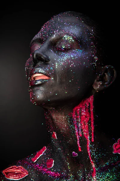 Mystical Woman Makeup Sparkles Luminous Elements Dark Background — Stock fotografie