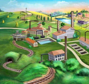 Industrial area outside the city. Digital Painting Background, Illustration.