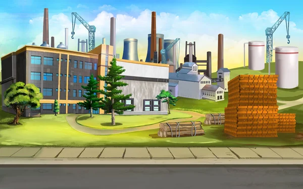 Industrial area outside the city. Digital Painting Background, Illustration.