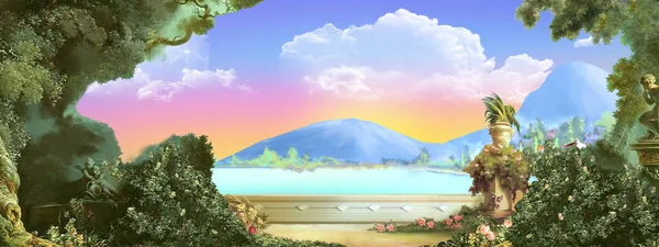 Sea View Old Park Sunny Day Digital Painting Background Illustration — 스톡 사진