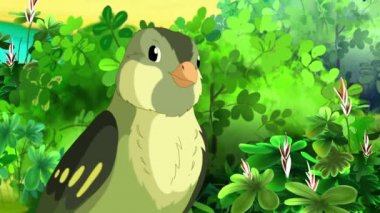 Small green forest bird singing close up. Handmade animated looped HD footage 