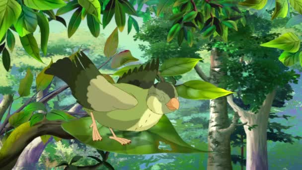 Small Green Forest Bird Singing Tree Handmade Animated Looped Footage — Stockvideo