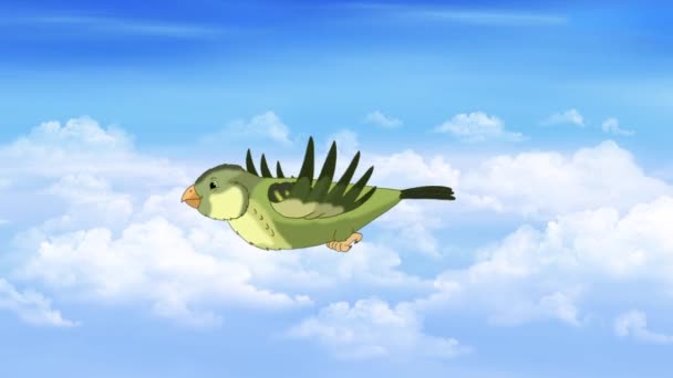 Small Green Forest Bird Flying Sky Handmade Animated Looped Footage — Stok video