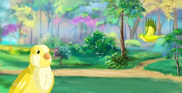 Small Yellow canary in a forest. Digital Painting Background, Illustration.