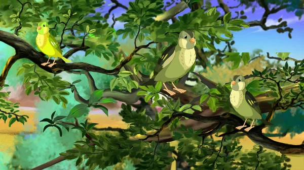 Small Green birds in a forest. Digital Painting Background, Illustration.