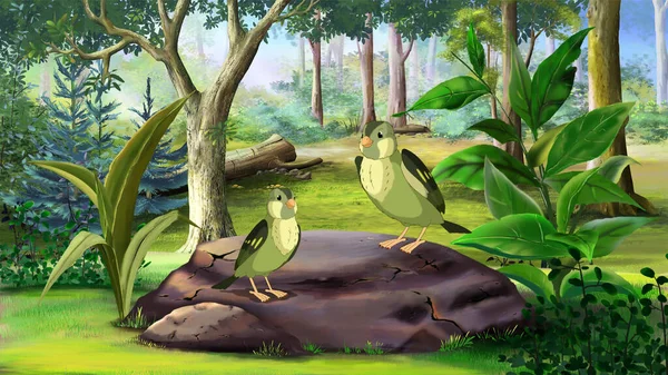 Small Green birds in a forest. Digital Painting Background, Illustration.