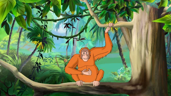 Orangutan on a tree in the rainforest. Digital Painting Background, Illustration.