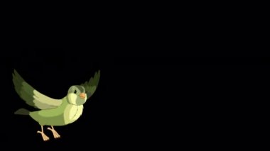 Green forest bird takes off and flies. Handmade animated 4K footage isolated on alpha channel