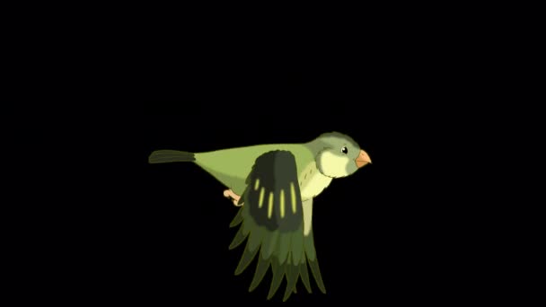Green Forest Bird Flies Handmade Animated Looped Footage Isolated Alpha — Stockvideo