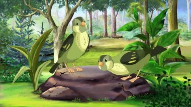 Small green birds in the forest. Handmade animated looped 4K footage 