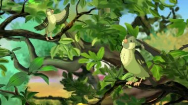 Small green birds on a tree branch. Handmade animated looped 4K footage