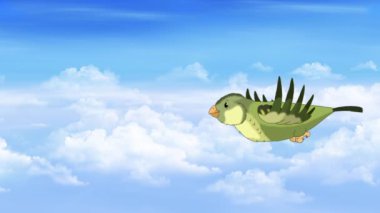 Small green bird flying in the sky. Handmade animated looped 4K footage 