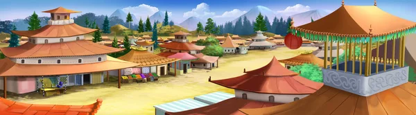 Ancient Village Ancient China Sunny Day Digital Painting Background Illustration — Stock fotografie