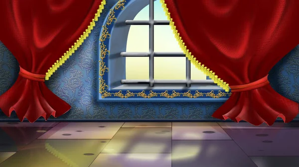 Interior of a baroque room with a large window and velvet curtains. Digital Painting Background, Illustration.
