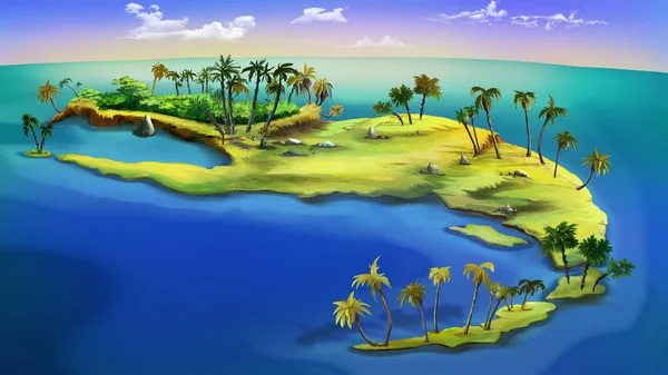 Uninhabited palm island in the Caribbean. Digital Painting Background, Illustration.