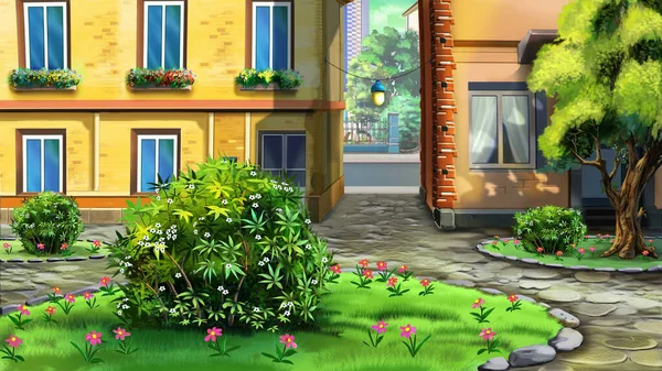 Flower Bed Yard City Digital Painting Background Illustration — Stock fotografie