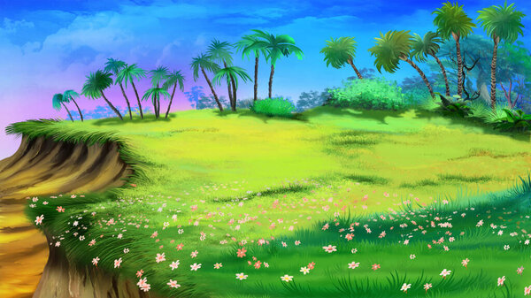 Meadow on the edge of a cliff on a sunny day. Digital Painting Background, Illustration.
