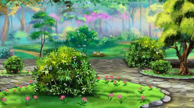 Flower bed in the park on a sunny day. Digital Painting Background, Illustration.