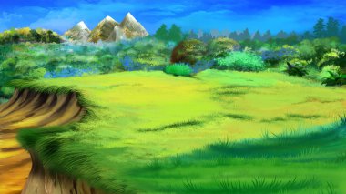Meadow on the edge of a cliff on a sunny day. Digital Painting Background, Illustration.