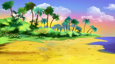 Uninhabited palm island on a sunny day. Digital Painting Background, Illustration.