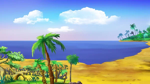 Uninhabited Palm Island Sunny Day Digital Painting Background Illustration — 스톡 사진