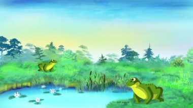 Green frogs near the pond. Handmade animated 4K footage 