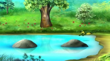 Green frog jumping in puddles. Handmade animated 4K footage 