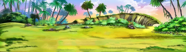 Palm tree on the desert tropical island. Digital Painting Background, Illustration.