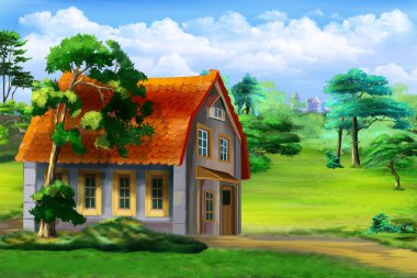 Private residential building in the park area. Digital Painting Background, Illustration.